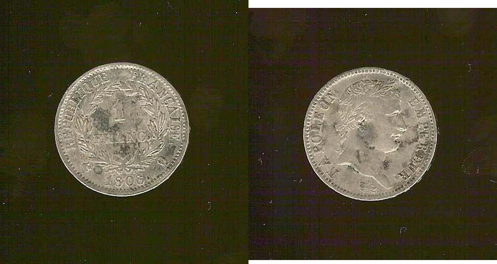 1 franc Napoléon Ier tête laurée 1808 Perpignan TTB à TTB+